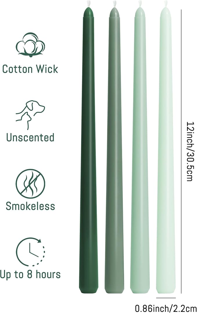 Viyffo Taper Candles, 12 Inch, 12 Pack, Green – Unscented, Smokeless Design, Up to 8-Hour Burn – Tall Candlesticks for Table Decor, Weddings & Dinners