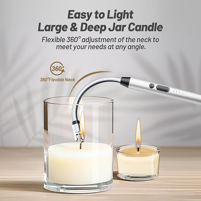 Electric Candle Lighter, Safty Lock, USB Type-C Port, Rechargeable Lighter, Windproof Flameless, Led Display, for Home Kitchen (Silver)