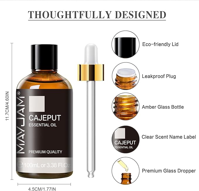 MAYJAM Cajeput Essential Oil, 3.38FL.OZ Pure Essential Oils with Glass Dropper, Large Volume Cajeput Oil, Perfect for Massage, DIY Candle and Soap Making (100ML)