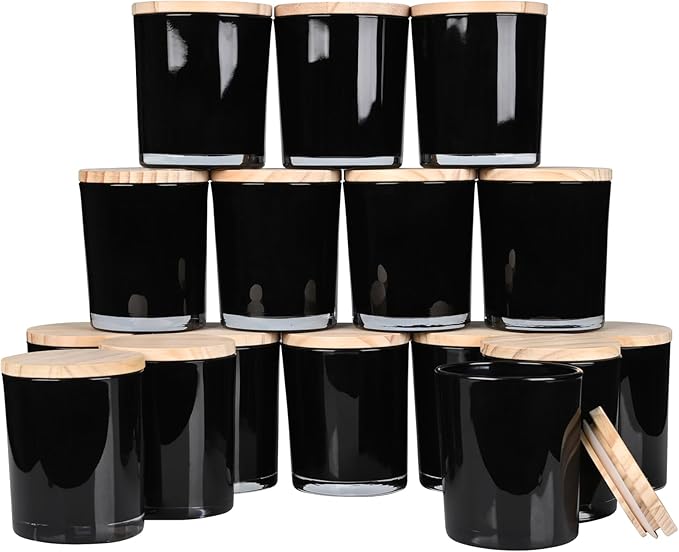 Thick Candle Jars for Making Candles 16 Pcs, 7 OZ Empty Jars with Wood Lids for Candle Making, Sample Container, Inner Black