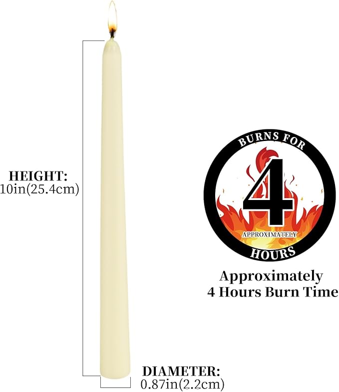 KONNI 0.87×10 Inch Ivory Taper Candles, Unscented and Smokeless Tall Candlesticks, 10 Pack Tapered Candles with Cotton Wicks, Long Burning, Ideal for Weddings, Dinner Parties, and Home Décor