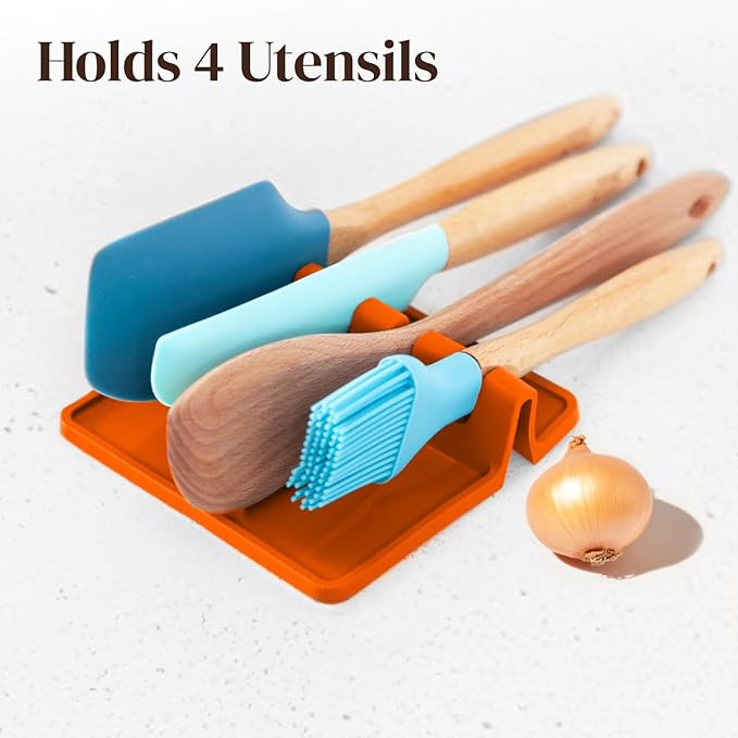 Cooler Kitchen Orange Silicone Spoon Rest for Stove Top with Drip Pad (Two Pack) - Heat Resistant BPA Free Utensil Rest & Spoon Holder for Kitchen Counter - Grill Utensil Holder - Spatula Holder