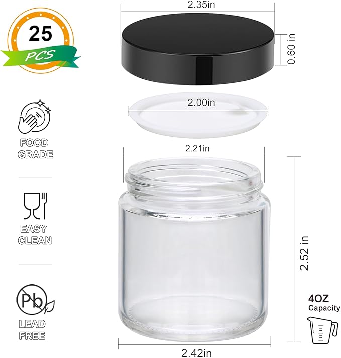 4oz Glass Clear Cosmetic Jars with Black Lids,Empty Small Glass Jars with Inner Liners,Round Travel Sample Container for Cream,Lotion,Ointments,Candle Making,Set of 25