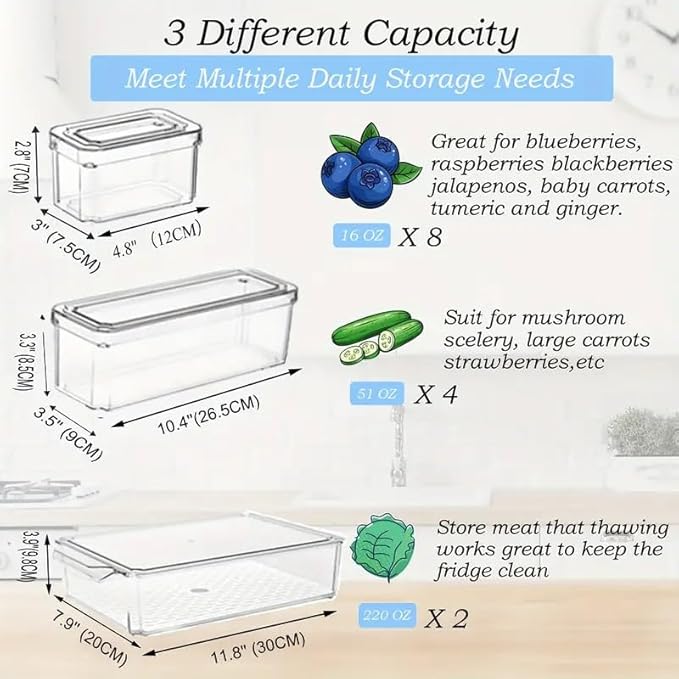 INNOVATIVE LIFE 14 Pack Refrigerator Organizers and Storage, Stackable Fridge Organizer Bins with Lids, BPA-Free Produce Fruit Storage Containers for Storage Clear for Food, Vegetable Storage