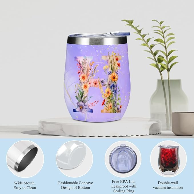 Personalized Gifts Monogrammed Birthday Gifts for Women, Bridesmaid Bachelorette Party Christmas Initial Wine Tumbler Makeup Bag Scented Candle Bracelet Set, (Aesthetic Purple Flower H)