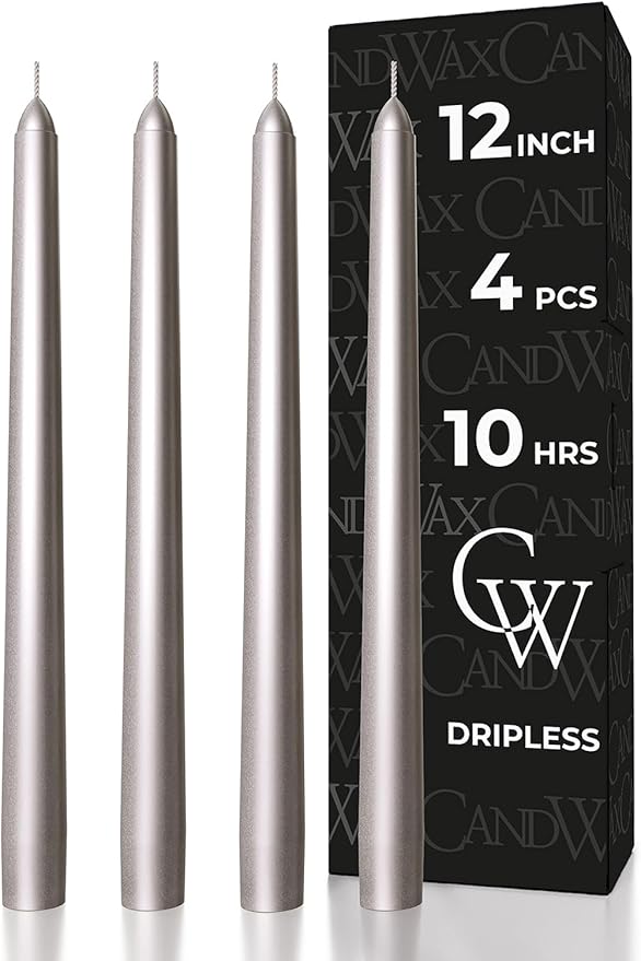CANDWAX 12 inch Silver Taper Candles Set of 4 - Christmas Candles Taper Dripless - Tall Long Burning Fragrance-Free Silver Candlesticks