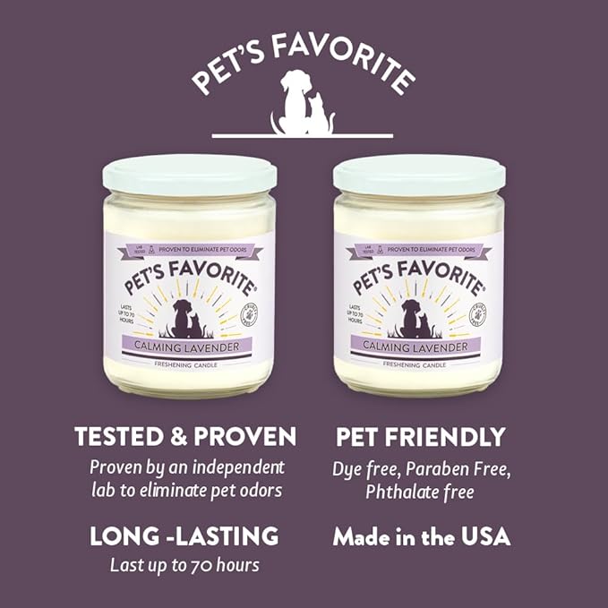 Pet's Favorite Pet Odor Candle, Clean Burning, Long Lasting Lavender Candles with a Natural Fiber Wick and 70 Hour Burn Time, Pack of 2