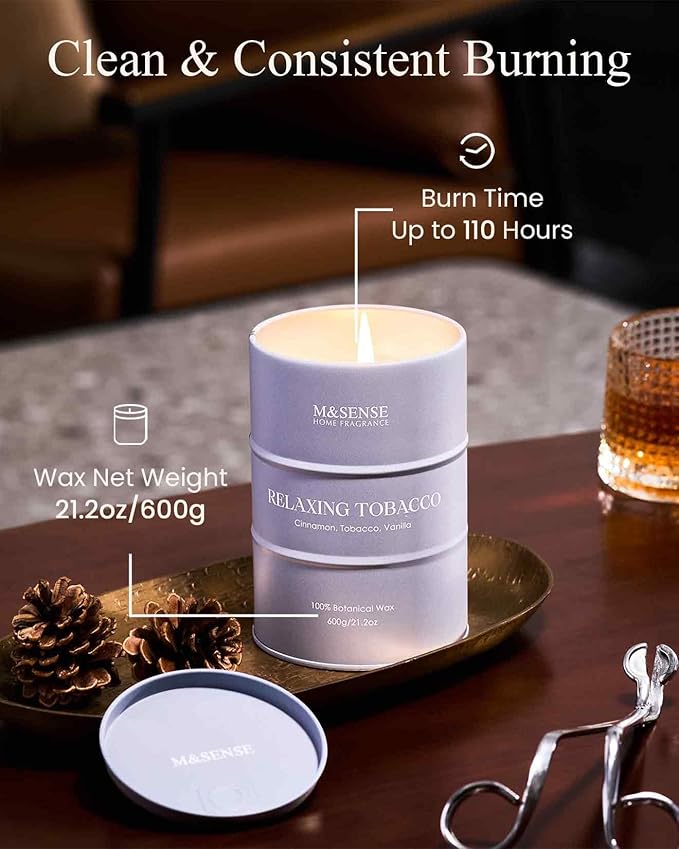 M&SENSE Vanilla Tobacco Scented Candles Large, Natural Soy Candles 21.2oz 120 Hour Slow Burning,Aromatherapy Candle for Stress Relief Meditation Relaxing