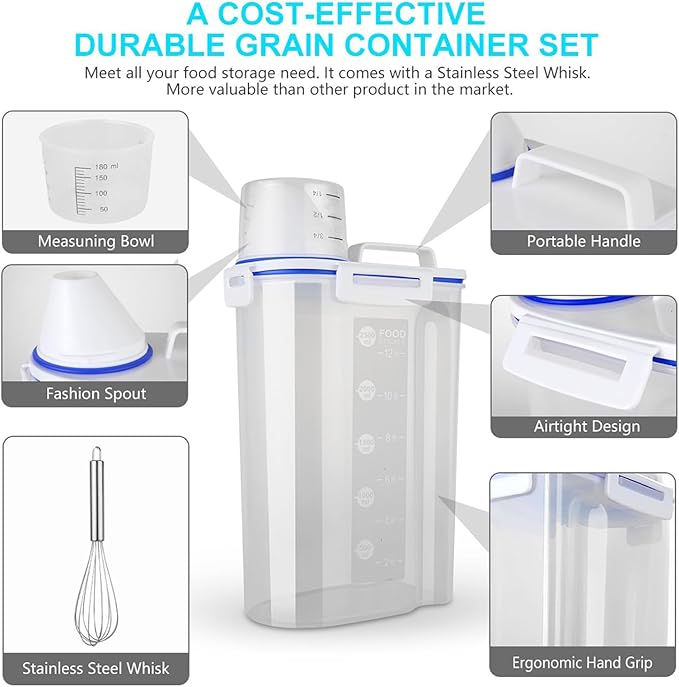 Rice Airtight Dry Food Storage Containers, BPA Free Plastic Sealed Holder Bin Dispenser with Pouring Spout, Measuring Cup for Cereal, Flour and Oatmeal, Include a Stainless Steel Whisk