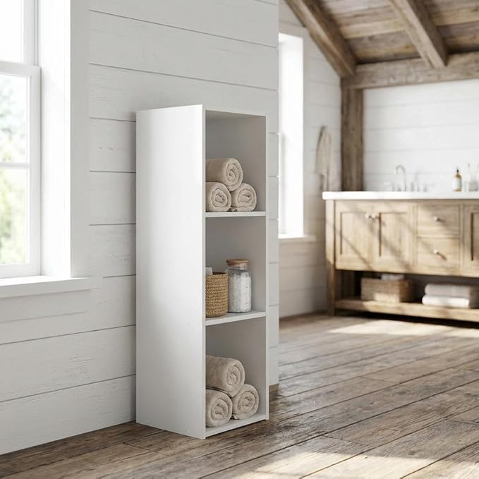 Furnifact Cubic Storage Cabinet Bookcase with 3-Cube Shelves, White Wood Construction, Modern Design for Home Office and Living Room Storage