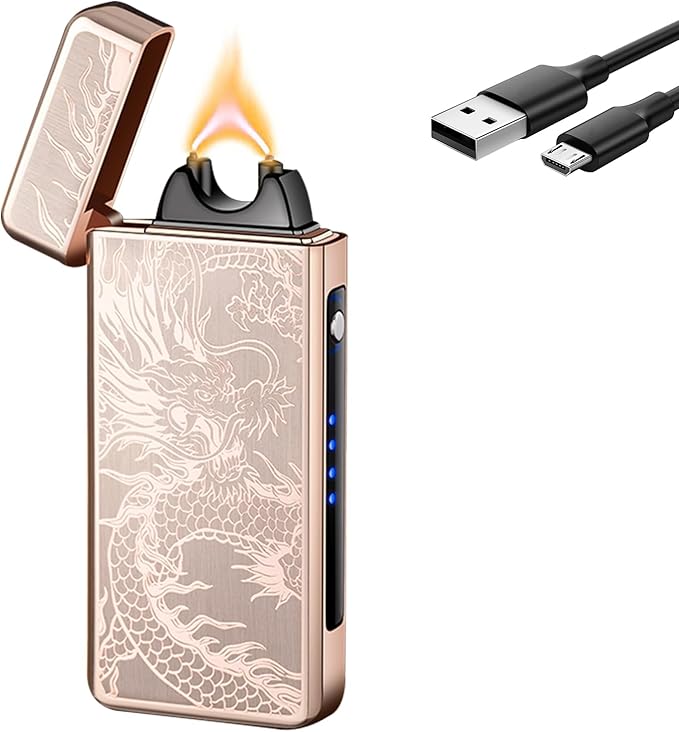 YOZWOO Electric Lighter Rechargeable, High Power Flame Arc Lighter, USB Lighters with LED Battery Indicator, Windproof Electronic Lighters for Candle Camping with Gift Box (Gold Dragon)
