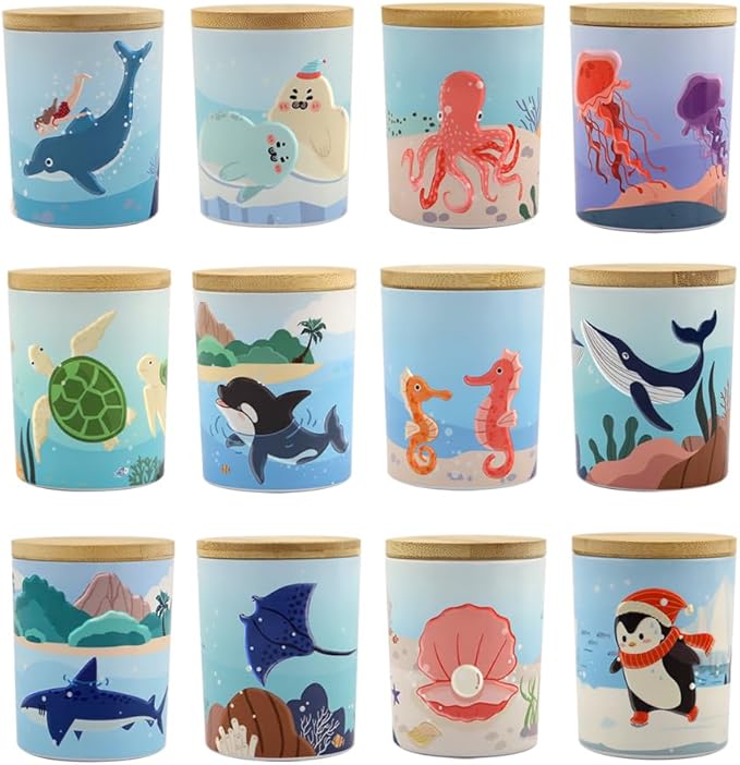12 Pack 7 OZ Ocean Blue Glass Candle Making Jar with Bamboo Airtight Lids, Empty Storage Container DIY Candle Jar, Labels, Gifts (Ocean blue)