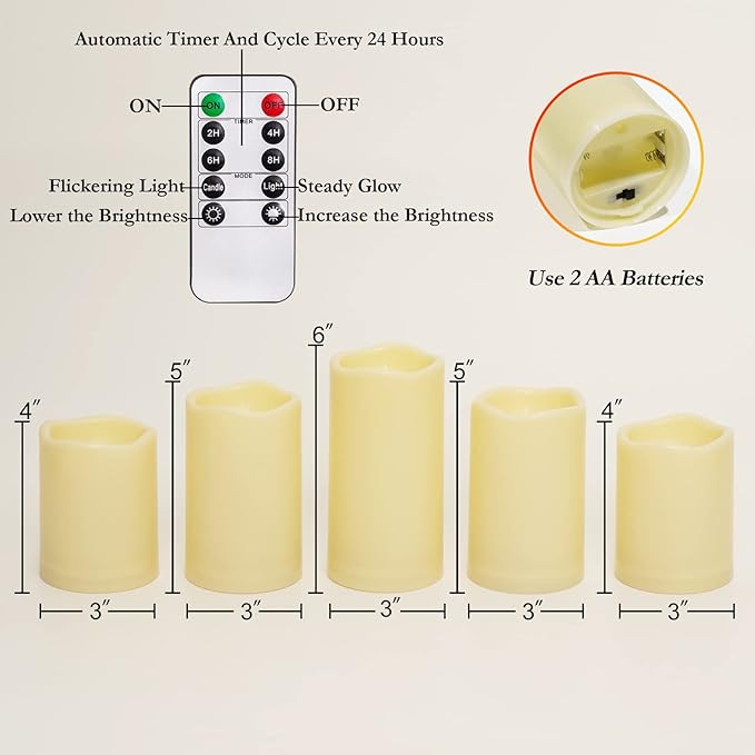 Homemory Waterproof Flameless Candles, Outdoor Indoor Battery Operated LED Pillar Candles with Remote Control and Timer, Plastic, Long Lasting, D3 x H4 4" 5" 5" 6", Set of 5