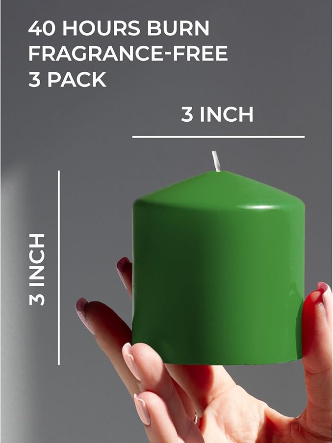 Candwax Green Pillar Candles Set of 3 - Perfect as Christmas Centerpiece Table Decorations - 40-Hour Burn Time Self-Extinguishing Candles for Home Decor - Cone-Top Grass Green Pillar Candles 3x3