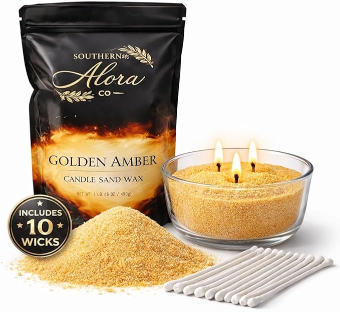 Candle Sand with 10 Wicks – 1 LB Refillable Sand Candle Wax for DIY Candles, Wedding Centerpieces, Home Decor – Golden Amber