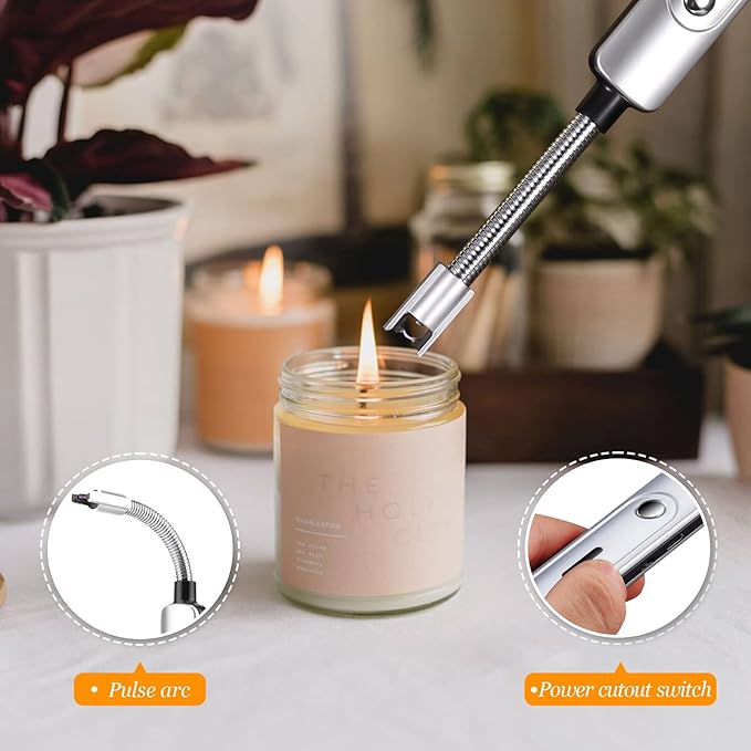 Lsnisni 5Pcs Candle Accessory Set with Rechargeable Electric Lighter, Storage Tray, Wick Trimmer, Snuffer, Dipper - Stainless Steel Care Kit with Gift Package for Candle Lovers - Silver