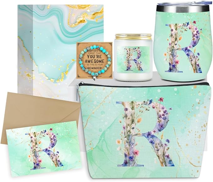 Personalized Gifts Monogrammed Birthday Gifts for Women, Mommy, Female Going Away Farewell Christmas, Initial Wine Tumbler Makeup Bag Scented Candle Bracelet Set, (Aesthetic Green Flower R)