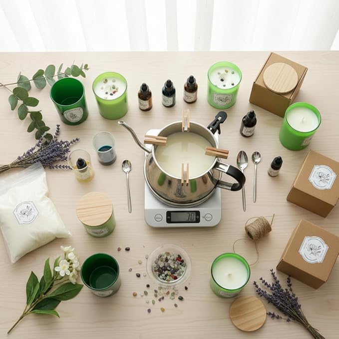 12Pcs Assorted Green Glass Candle Jars with Wooden Lids for Making Candles, 10 OZ Empty Candle Jars with Labels and 100g Crystal Rocks, Candle Making Supplies Candle Containers for Home DIY & GIFTS