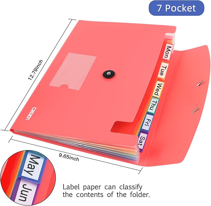 7 Pocket Accordian File Folders, Expanding File Folder A4 Letter Size Paper Portable Document Organizer-Pink