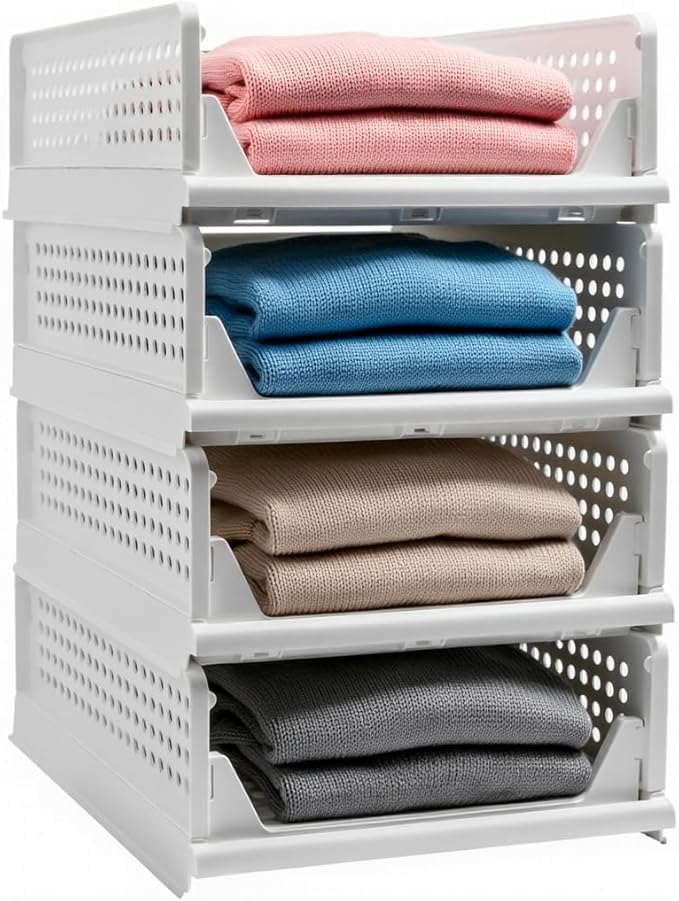 Goderewild Stackable Foldable Storage Baskets, Folding Storage Bins, Closet Organizers and Plastic Drawer Shelf Storage Container for Wardrobe, Cupboard, Kitchen, Bathroom, Office (White, 4S)