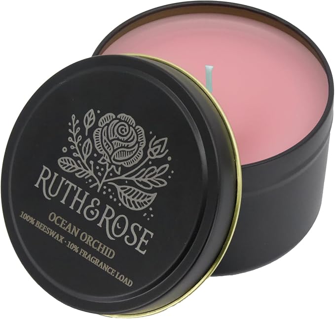 RUTH & ROSE | Sea Salt & Orchid (Ocean Orchid) | 100% Beeswax Scented Candles for Home, 8oz, +65 Hours Burn Time, Aromatherapy Non Toxic Candles, Gift for Women & Men, Perfect for Travel or Gifting