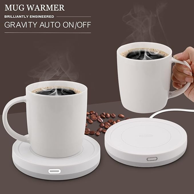 BESTINNKITS White Smart Coffee Auto On/Off Gravity-Induction Mug Office Desk Use, Candle Wax Cup Warmer Heating Plate (Up to 131F/55C)