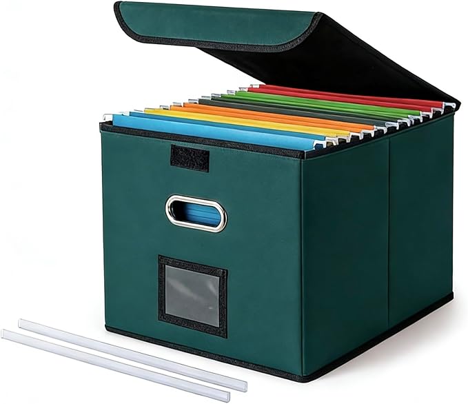 CADONO File Organizer Box with Lid, Large Hanging File Folder Organizer with Plastic Slide, Collapsible Portable Filing Storage Boxes for Office/Decor/Home (Dark Green, 14.9 x 12.59 x 10.8 inch)