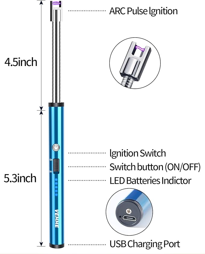VEHHE Rechargable Lighter, Electric USB with LED Battery Display Safety Switch Longer Flexible Neck Arc Candle Lighter for Camping Cooking BBQs