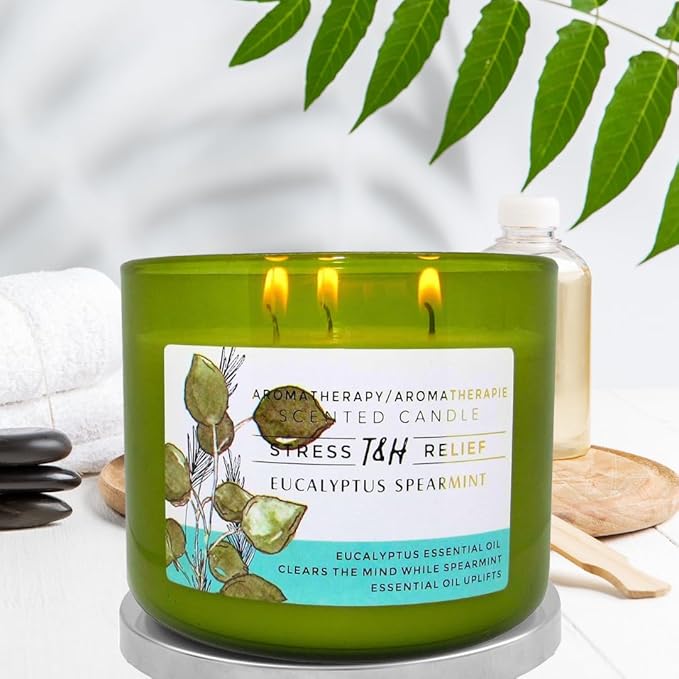 Eucalyptus Spearmint 3-Wick Soy Candle | 80 Hour Burn | 15.8 oz Aromatherapy Scented Candle for Home | Fresh Herbal Spa Scent | Gift Ready