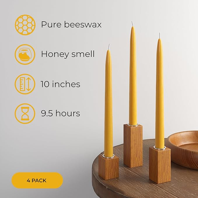 CANDWAX 10 inch Beeswax Taper Candles Set of 4 - Non Toxic and 100% Pure Beeswax Candles Ideal for Dinner - Dripless Handmade Bees Wax Burning Time 9.5 Hours