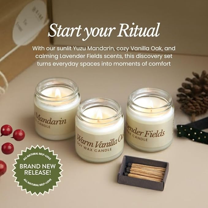 Bare Botanics Soy Candle Gift Set 3 pcs - 100% Plant-Based Fragrance Oils - Premium, Non-Toxic Candle - Softly Scented Natural Soy Wax - Handpoured in WI - Discovery Candle Set and Ready to Gift
