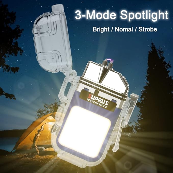 SUPRUS Waterproof 3 Modes of Flashlight Windproof Lighter Dual Arc Electric Rechargeable Dual Arc Plasma Lighter with Survival Emergency Whistle and Lanyard (Blue)
