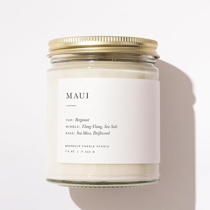 Brooklyn Candle Studio Maui Jar Candle - Luxury Scented Candle, Vegan Soy Wax, Hand Poured in The USA, 50 Hour Slow Burn Time - 7.5oz