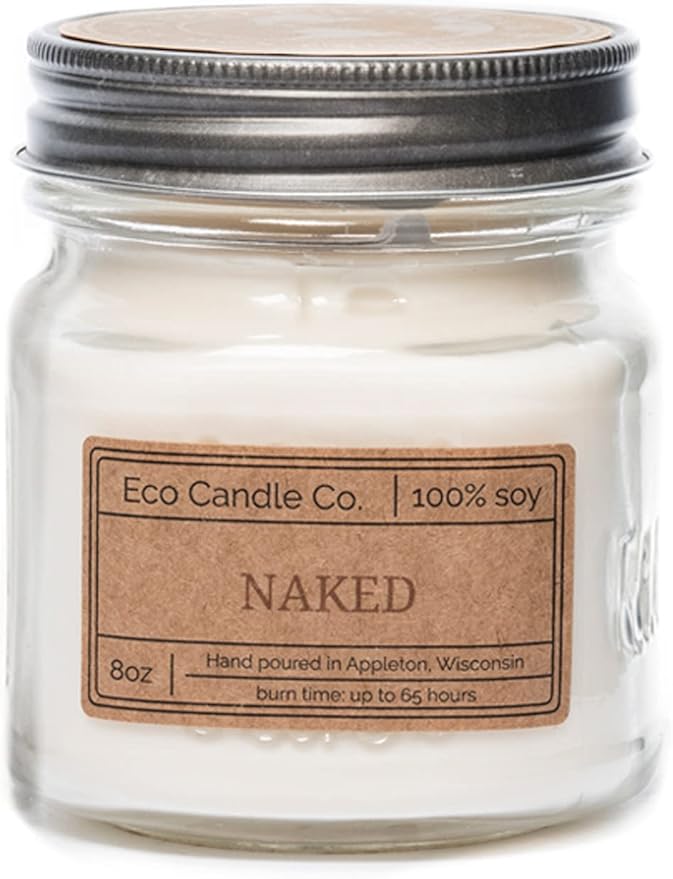 ECO CANDLE CO. Mason Jar Candle, Naked, 8 oz. - Unscented - 100% Soy Wax, No Lead, Kraft Label & Antiqued Pewter Lid, Hand Poured, Phthalate Free, Made from Midwest Grown Soybeans, All Natural Wicks