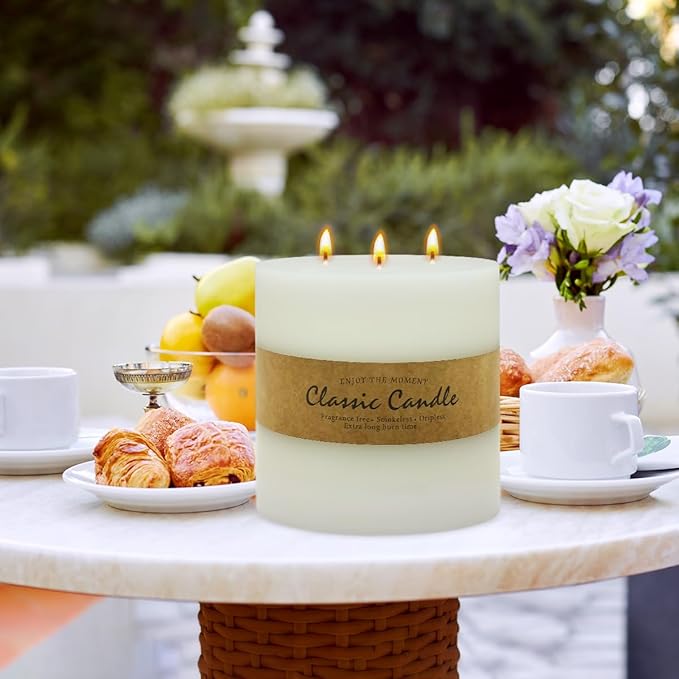 Large 3-Wick Ivory Pillar Candle - 6x6 Inch Dripless & Smokeless Unscented Fat Candle, 120 Hour Long Burning Hand-Poured Thick Candle with Cotton Wicks