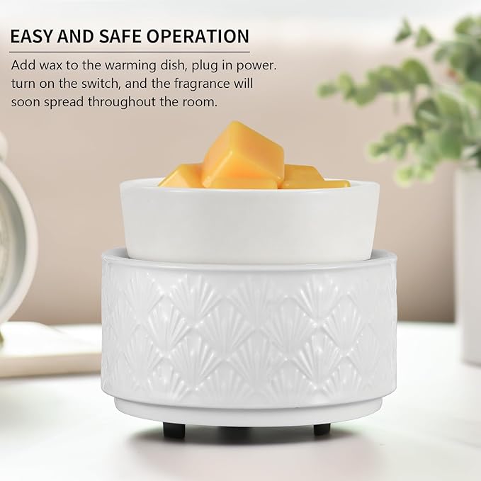 mocosa Ceramic Wax Warmer Wax Melt Warmer for Scented Wax 3-1 Electric Candle Warmer Home Fragrance Wax Burner for Mom Women(White-Fan Shaped)