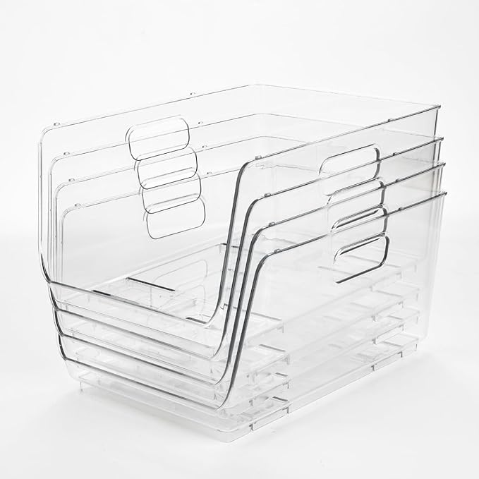 TidyFriend Plastic Stackable Bins for Pantry, 4 Pack Stacking Bins Open Front, Toy Organizers, Kitchen, and Bathroom Essentials (Clear- Hole Handle)