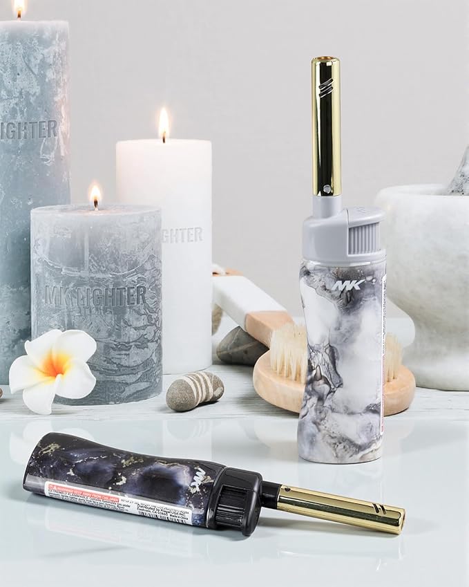 5pc MK Lighter Refillable Butane Lighters – Windproof Torch Flame, Multipurpose Jet Flame Butane with Long Wand for Indoor & Outdoor Use Gift Couples Friends Family (Marble - 5PCS)