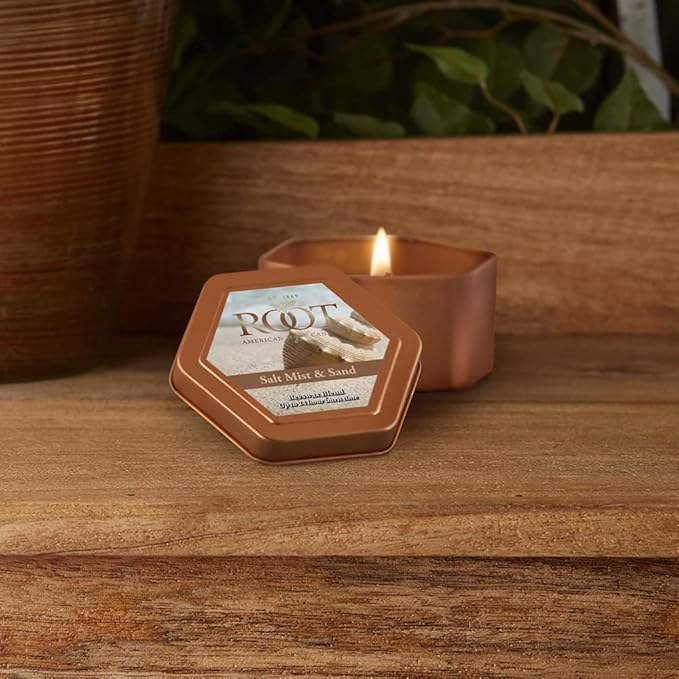 Root Candles Scented Candles in Travel Tin 24-Hour Honeycomb Traveler Handcrafted Beeswax Blend Candle, 4-Ounce, Salt Mist & Sand