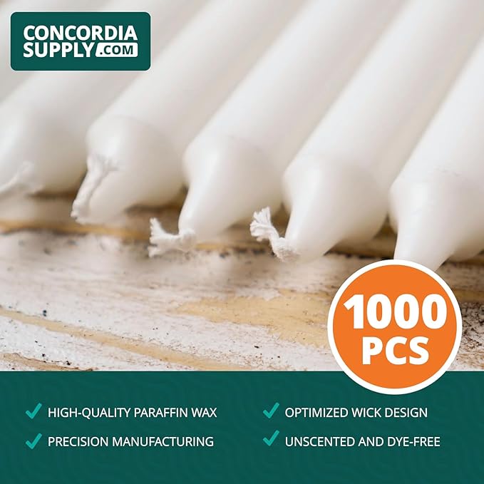 Concordia Supply Church Candles for Candle Light Service Vigil - 4.25" x 1/2" Bulk White Candles for Memorial, Congregational, Shabbat, Wedding, Communion, Baptism & Christmas Ceremonies - Box of 1000