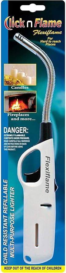 Click-n-Flame 3 Pack Long Flexible Lighter, Refillable Butane, White, Modern Style, Plastic Core, Metal Alloy