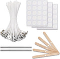 TJE Candle Making Kit - 4-Inch Cotton Pre-Waxed Wicks with Tabs, Stickers & Wooden Centering Tools for Soy, Beeswax, and Jar DIY Candles (100 Wicks + 10 Tools)