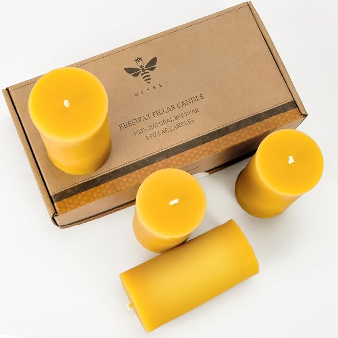 DEYBBY Natural Beeswax Pillar Candle, Smokeless Dripless Pure Beeswax Candle Set with Natural Scent for Room Decoration Prayer Party, Long Lasting Burn Time, 2 X 4 inch (4 Pack),Yellow Raw