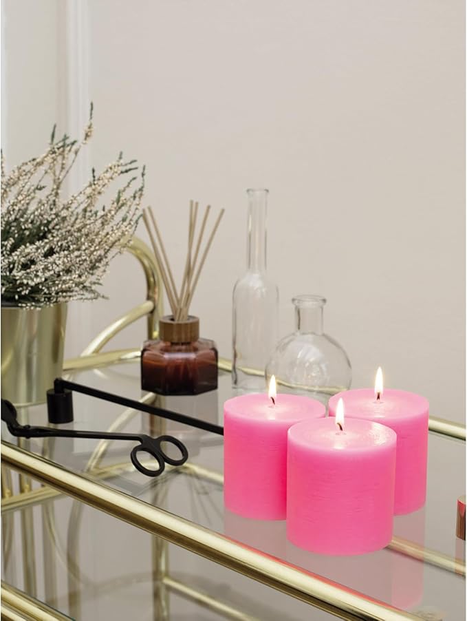CANDWAX 3x3 Pillar Candles Set of 3 - Rustic Unscented Hot Pink Candles for Home Decor, Weddings, Gender Reveal Parties