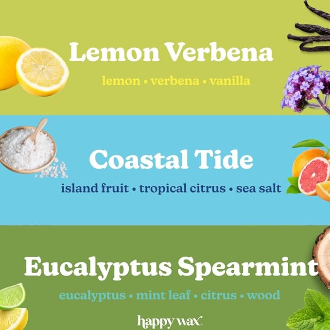 Happy Wax Best Sellers Collection Scented Natural Soy Wax Melts – 6 Total Oz. of Scented Wax Melts, Collection Includes Lemon Verbena, Coastal Tide and Eucalyptus Spearmint
