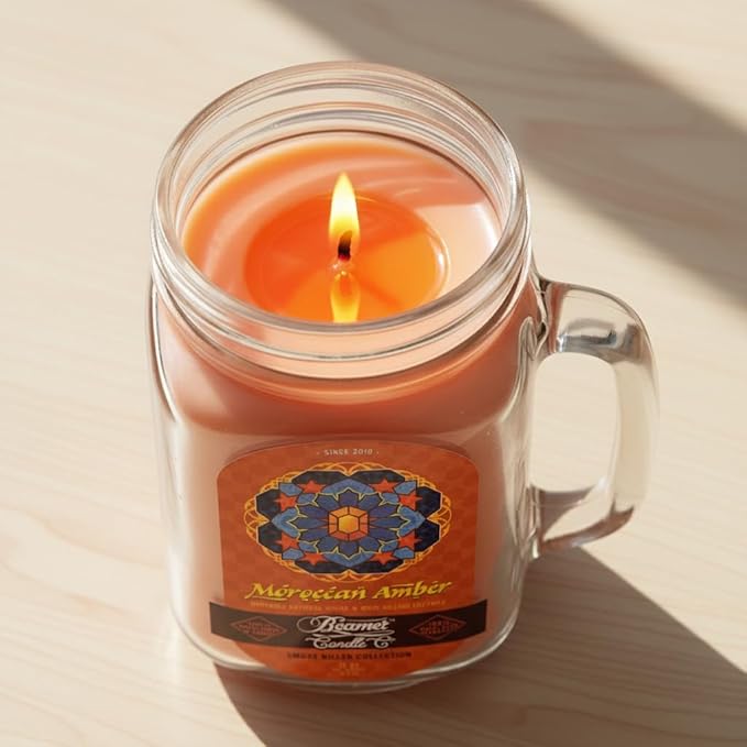 Moroccan Amber Candle – Odor Eliminating, Strong Scent – Warm Amber – Long Lasting 90 Hour Burn – Large 12oz Mason Jar – Made in USA – Beamer Candle Co.