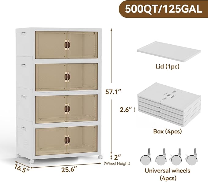 SAILUN 424QT/106Gal Stackable Storage Bins with a Lid, Collapsible Storage Bins With Doors, Folding Cabinet for Home Closet Organization,4 Pack-26 W x 16.5" D x 57.1" H White