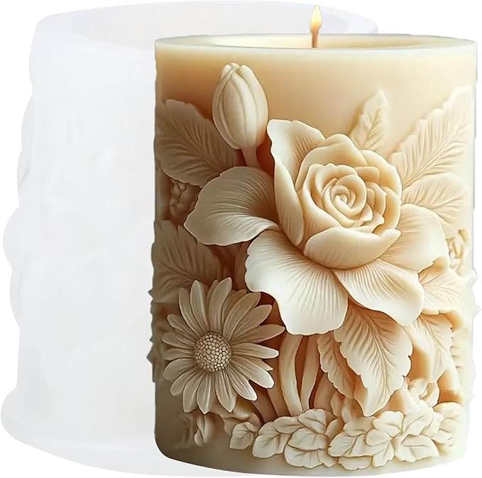 XIAOSHUI Flower Cylinder Candle Mold Rose Daisy Cylinder Silicone Candle Mold Flower Pillar Resin Casting Molds for Candle Making Aromatherapy Candles Gypsum Clay Craft Candle Home Decorate