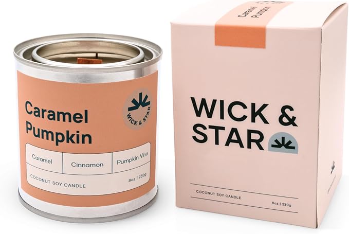 Wick & Star Vegan Non-Toxic, Wood Wick, Natural Coconut Soy Wax Aromatherapy Candle, Clean Burning (Caramel Pumpkin)