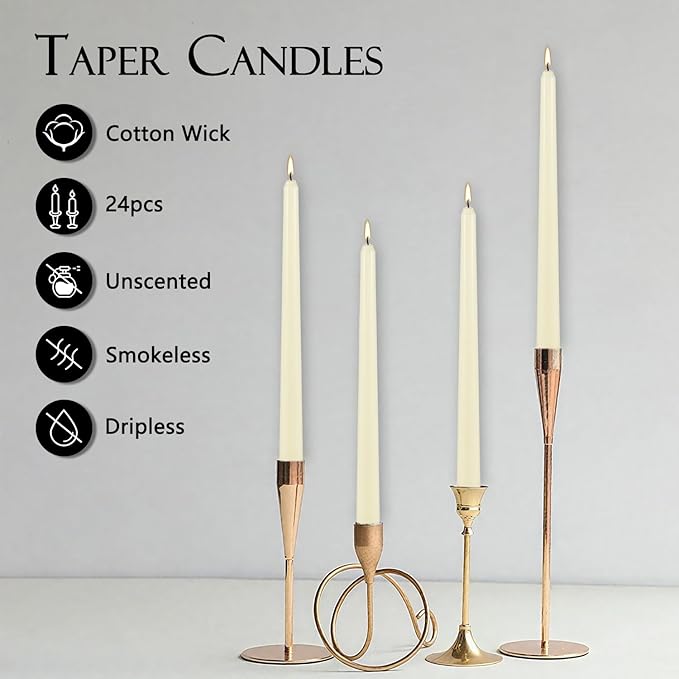 Ivory Taper Candle,24PACK Unscented 10 Inch Taper Candles-Dripless and Smokeless-8 Hours Long Burning Dinner Candle, Ideal for Halloween Taper Candles, Weddings, Dinner,Parties